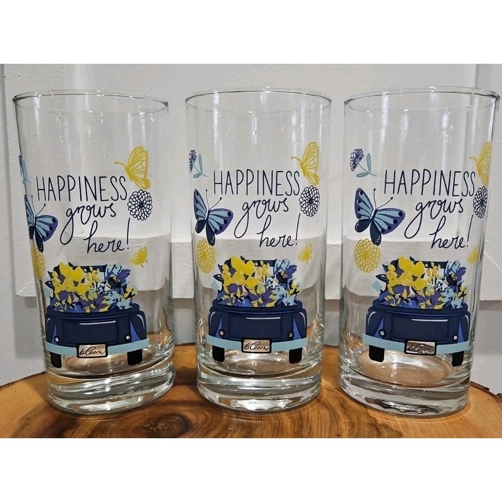 Vintage Set Of 3 "Happiness Grows Here" Drinking Tumbler Glasses Tall 16oz - Picture 2 of 7